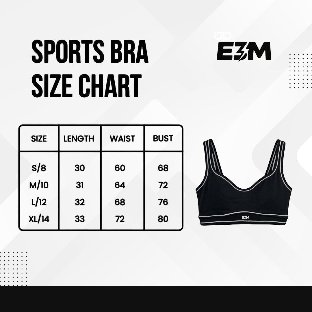 E3M Pre-workout black performance sports bra size chart with measurements for sizes S to XL