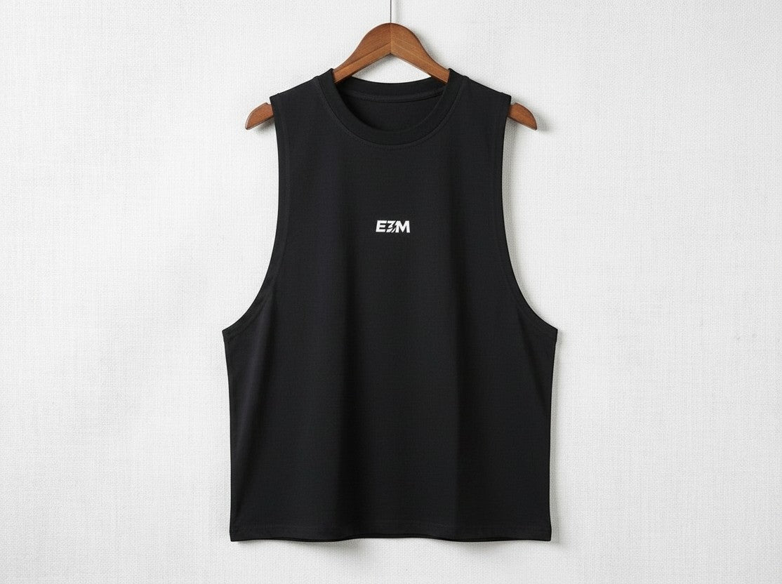 E3M Pre-workout black cotton-blend training vest with white logo on a wooden hanger