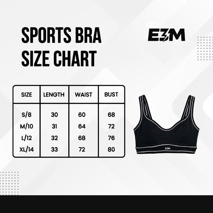 E3M Pre-workout black performance sports bra size chart with measurements for sizes S to XL